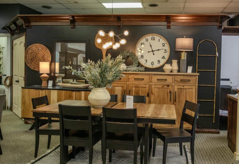 Stylish dining room with wooden furniture and decor.