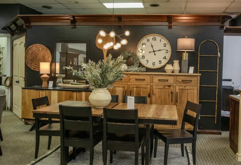 Stylish dining room with wooden furniture and decor.