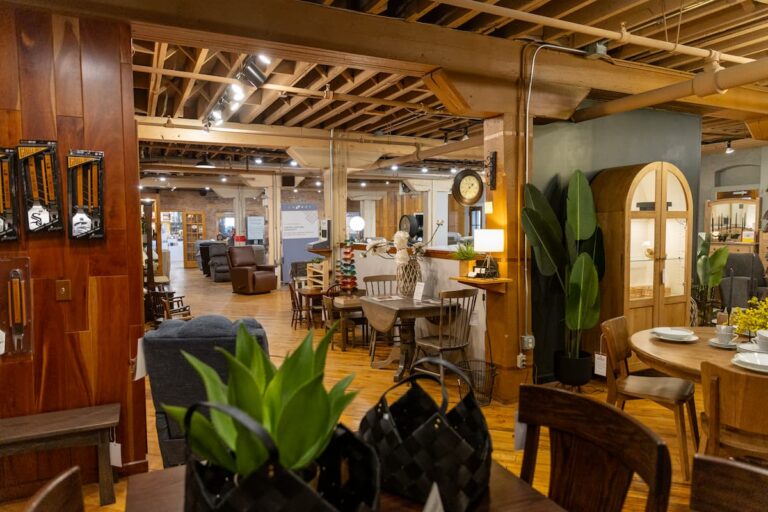 Cozy furniture showroom with wooden decor.
