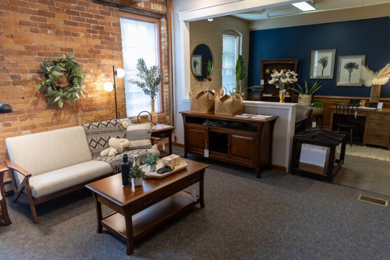 Cozy showroom with rustic decor and furniture.