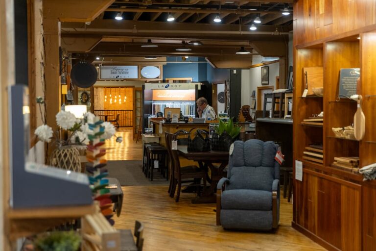 Cozy furniture store interior with wood accents